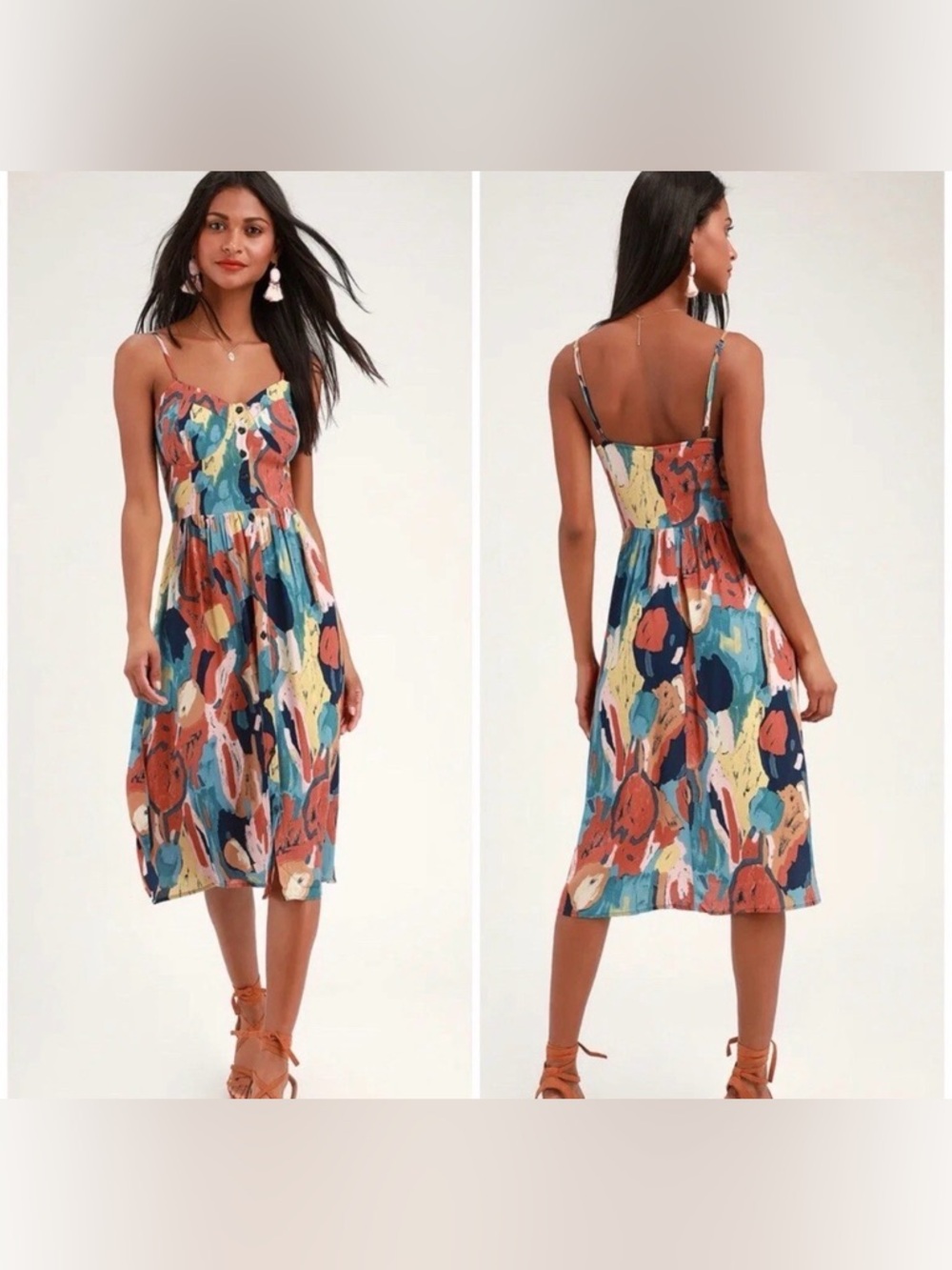 Rolla’s Painted Tulip Midi Multi Print Button Up Viscose/ Rayon Dress Size S